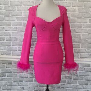 Boutique Pink Bodycon Dress Long Sleeve Feather Glam Barbie Mobwife NEW Small